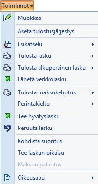 CSI Lawyer 2.5 Käyttöohje (90/145) Laskun Toiminnot valikko Muokkaa: avaa valitun laskun ikkunan. Aseta tulostusjärjestys: laskun toimenpiteiden tai kulujen tulostusjärjestystä voi muuttaa.