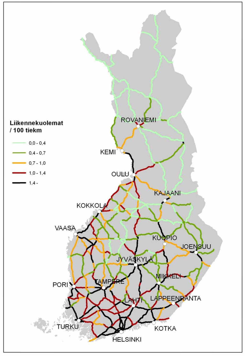 67 Kartta 3. Liikennekuolemien tiheys päätieverkolla, keskiarvo vuosista 2006-2010.