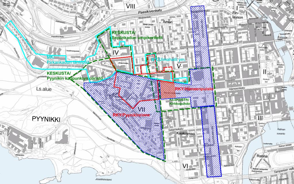 3 Alueen suojelustatus ja aiempien inventointien rajaukset kartalla: Valtakunnallisesti arvokkaat RKY-alueet: Pyynikinrinne ja Hämeenpuisto.