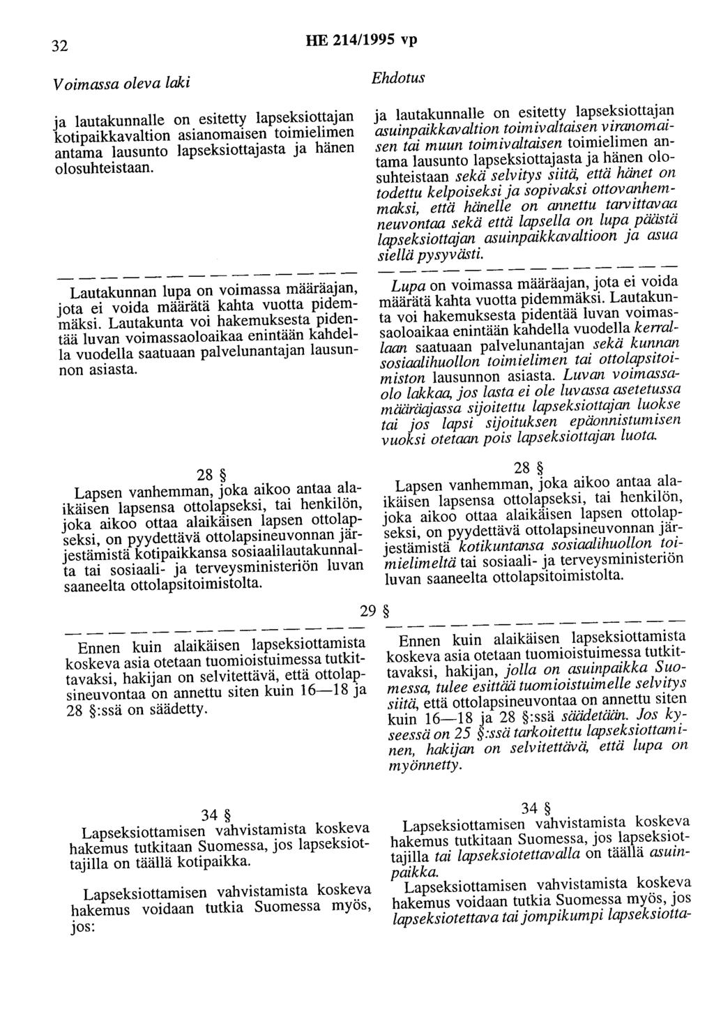 32 HE 214/1995 vp Voimassa oleva laki ja lautakunnalle on esitetty lapseksiottajan kotipaikkavaltion asianomaisen toimielimen antama lausunto lapseksiottajasta ja hänen olosuhteistaan.