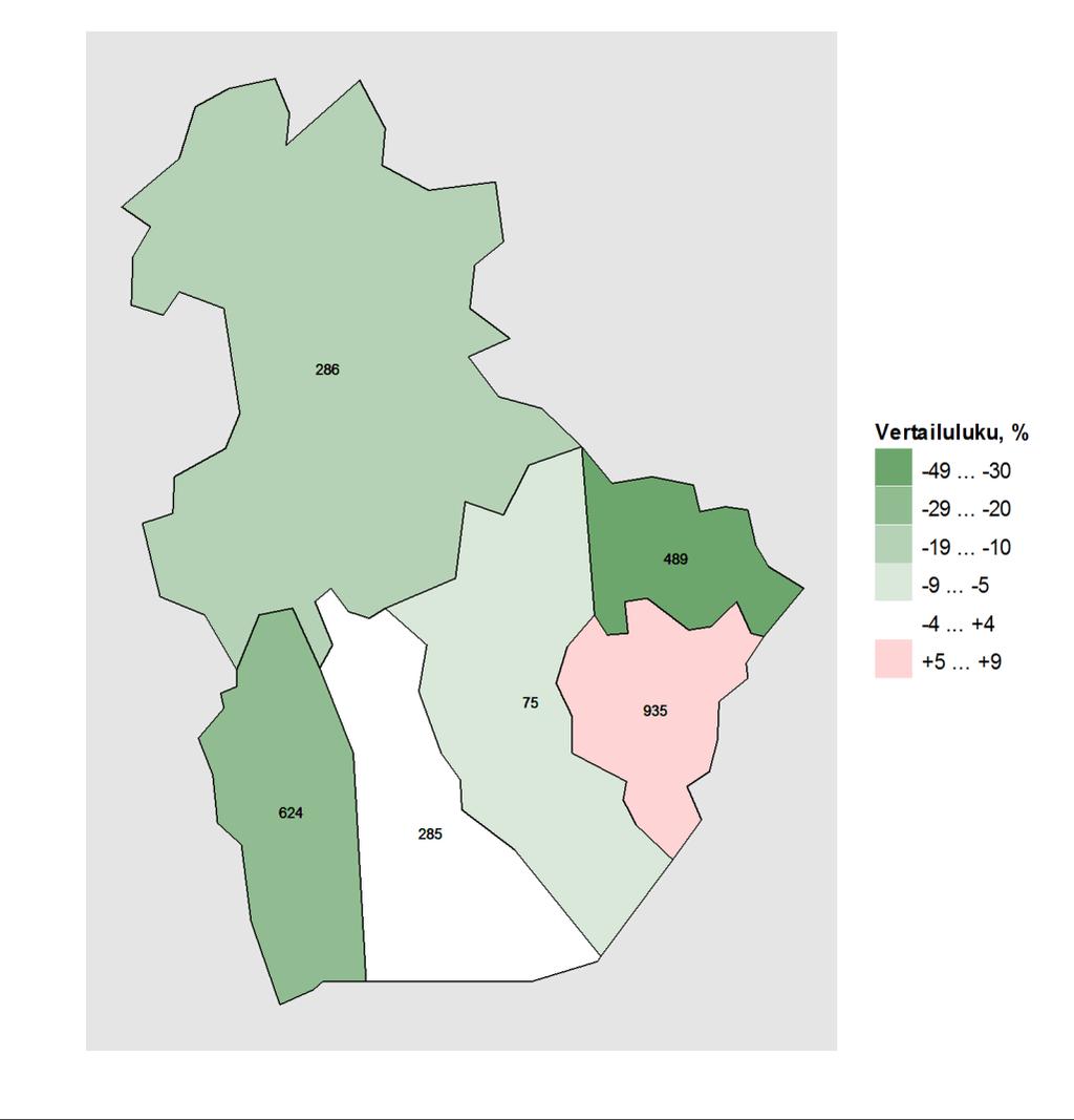 Kartta 1. Vammojen ja myrkytysten aiheuttamat hoitojaksot alueen kunnissa vuosina 2010 2014, vertailutiedot koko maan tilanteeseen. Kartta: Maanmittauslaitoksen Yleiskartta 1:4 500 000, 2011.