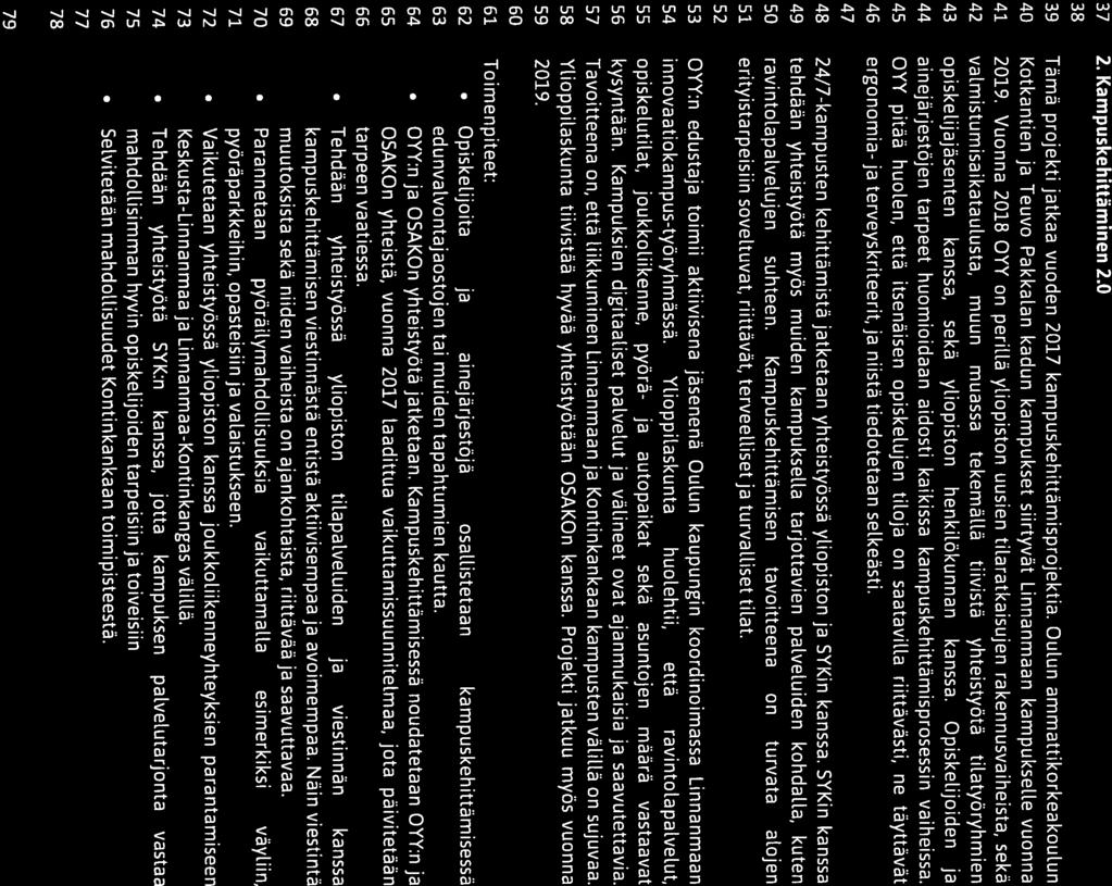 0 \\V/ II OULUN Luonnos OYY:n toimintasuunnitelmaksi 2018 D f( (( YLIOPISTON 1 II YLIOPPILASKUNTA 37 2. Kampuskehittäminen 2.0 38 39 Tämä projekti jatkaa vuoden 2017 kampuskehittämisprojektia.