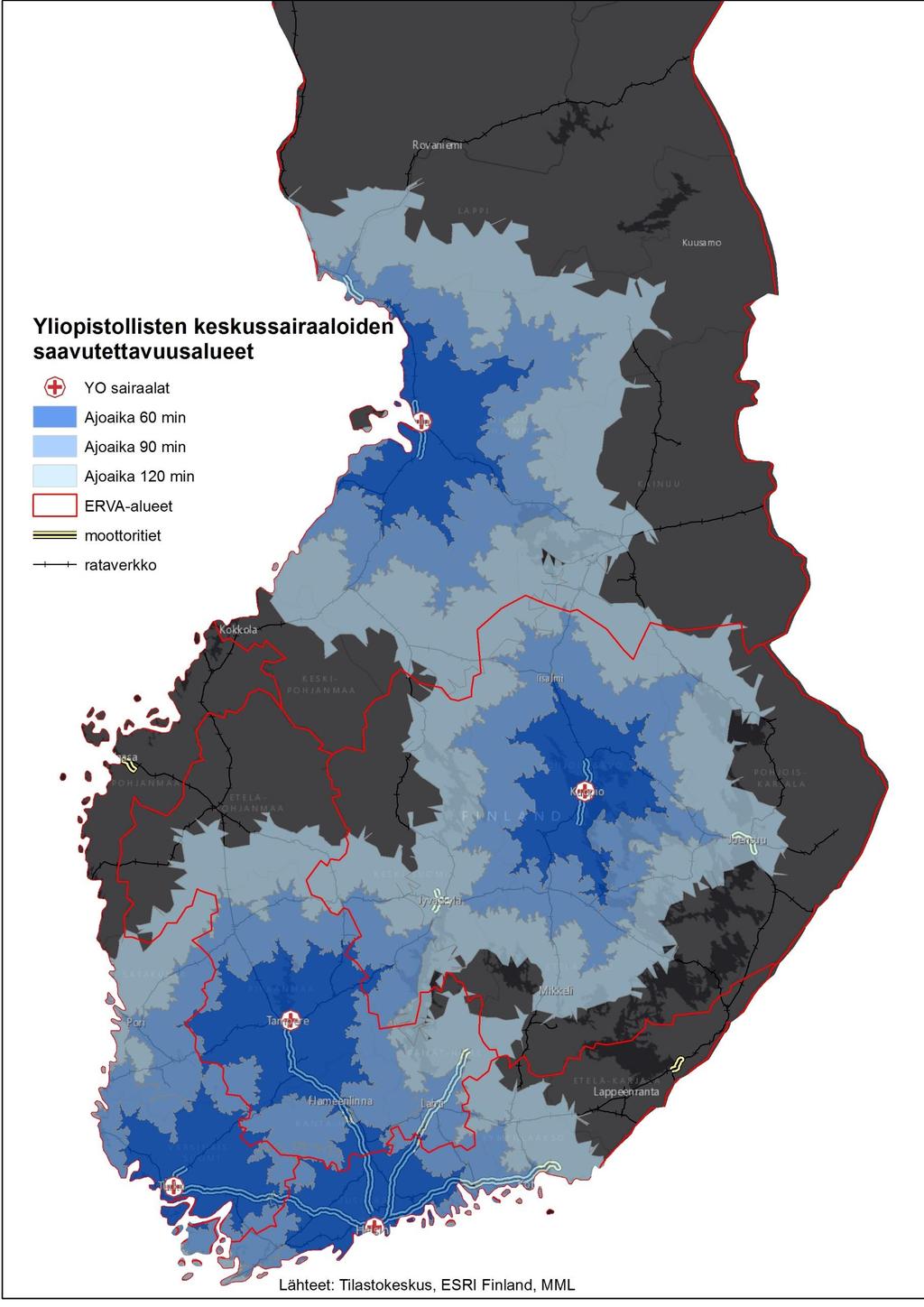 R5 ALUEIDEN YLIOPISTOLLISTEN KESKUSSAIRAALOIDEN SAAVU- TETTAVUUS FAKTALAATIKKO Kartta kuvaa viiden yliopistollisen keskussairaalan vaikutusalueita saavutettavuuden näkökulmasta vuonna 2016