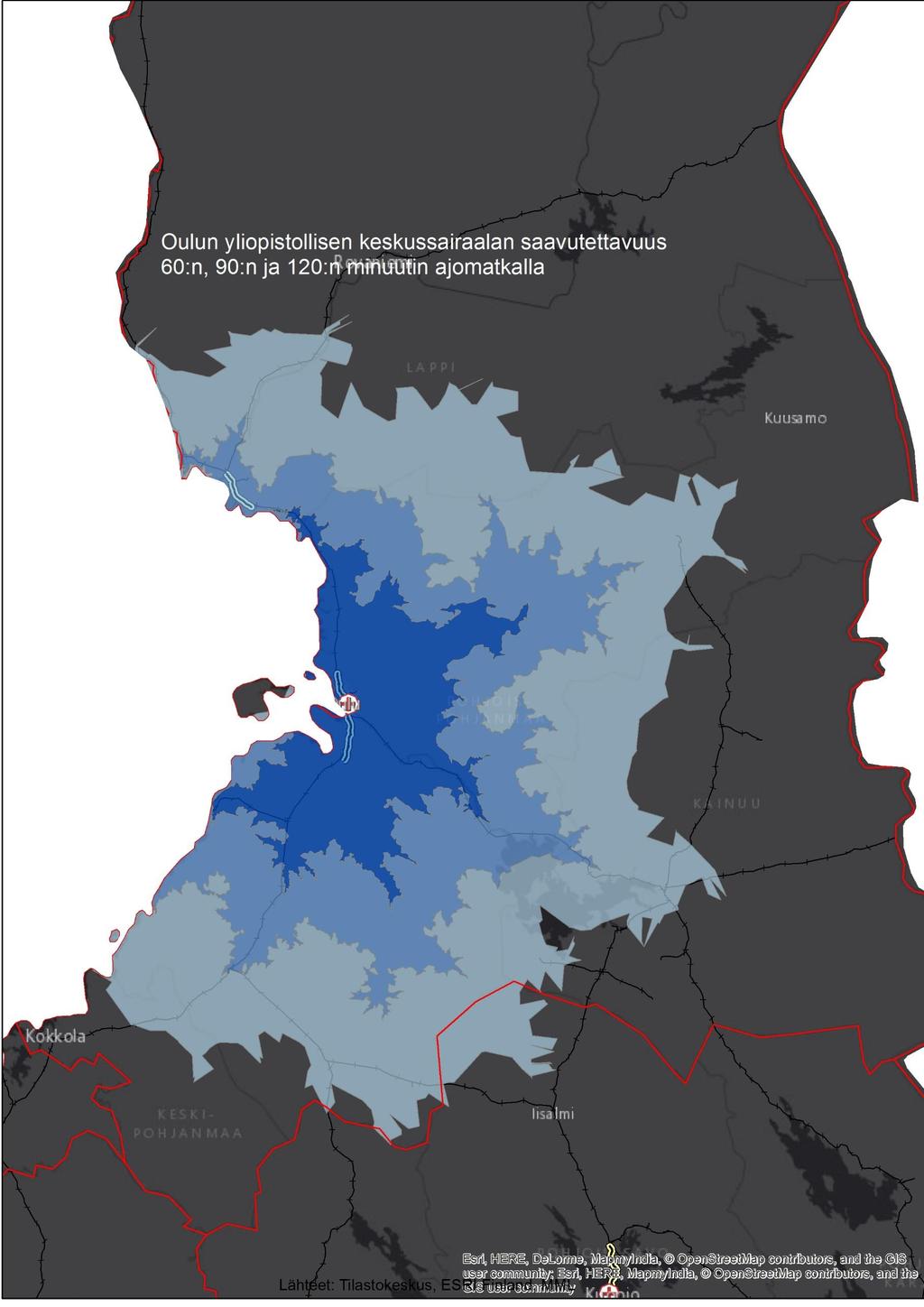 OULUN YLIOPISTOLLISEN KES- KUSAIRAALAN VAIKUTUSALUE FAKTALAATIKKO Oulun yliopistollisen keskussairaalan vaikutusalueella asuu yhteensä noin 472 000 asukasta Tunnin vyöhykkeellä asuu noin 283 000