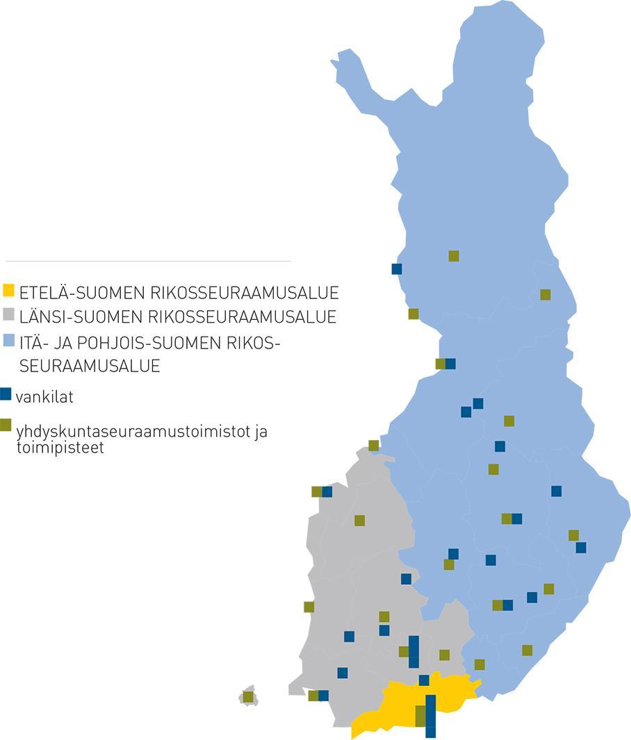 ORGANISAATIO Suomi on jaettu kolmeen rikosseuraamusalueeseen alueellisen väestökehityksen ja vankimäärän mukaan.