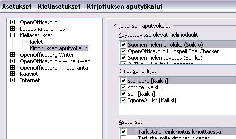 - 120 - Automaattiseen oikolukuun voi vaikuttaa OpenOfficen asetuksissa toimenpiteellä Työkalut -> Asetukset -> Kieliasetukset -> Kirjoituksen aputyökalut.