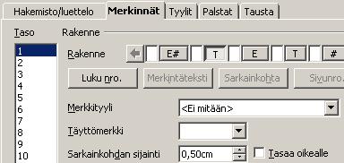 Huomaa, että liian lyhyt etäisyys heittelee tekstin asetuksia sisällysluettelossa. Mikäli näin käy, palaa tähän tilaan ja pidennä etäisyyttä.