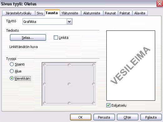 Impress-esityksessä vesileiman tekemiseksi kannattaa ensin mennä sivupohjan näyttöön (Näytä -> Pohja -> Dian pohja) ja määritellä siellä sivupohjan taustaksi kuvatiedosto (Muotoilu -> Sivu -> Tausta).