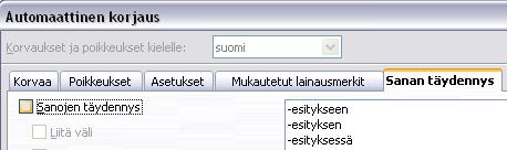 Sanojen automaattisen täydennyksen saa estettyä komennolla Työkalut -> Automaattinen korjaus poistamalla välilehdellä Sanan