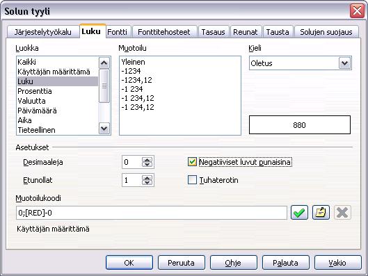 Valitse Solun tyyli -ikkunasta Luku-välilehti ja laita rasti kohtaan Negatiiviset luvut punaisina. Napsauta painiketta OK.