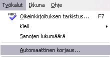 - 22 - B. Sanojen automaattinen täydennys Toimenpiteellä Työkalut -> Automaattinen korjaus päästään sanojen korjailun näytölle.