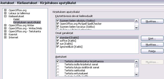 - 26 - Kirjoituksen aputyökalut Käytettävissä olevat kielimoduulit (kaikki kielimoduulit valittuina).