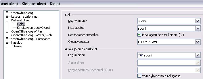 Käytössä olevat kielimoduulit riippuvat OpenOfficen asennuksesta ja sen yhteydessä mahdollisesti tehdyistä lisäsanakirjojen lataamisista.