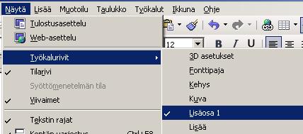 siirrettäessä) työkalurivin loppuun. Siirtäminen tulee tehdä erikseen joka ohjelman (Writer, Calc ja Impress) työkalurivin loppuun.