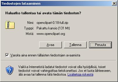 - 76 ZIP-tiedoston lataaminen on alkamassa. Valitse Tallenna. Valitse ZIP-tiedoston tallennuspaikka. Esimerkissä tiedosto tallennetaan oletusarvona Windows-työpöydälle nimellä openclipart-0.18-full.