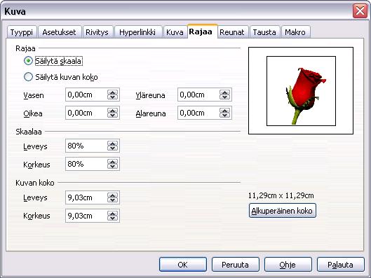 - 91 - Välilehdellä Rajaa voidaan skaalata eli muuttaa kuvan kokoa. Skaalaamalla voidaan vakioida esim. useamman kuvan koko samassa asiakirjassa, jos kaikista kuvista haluaa samankokoisia.