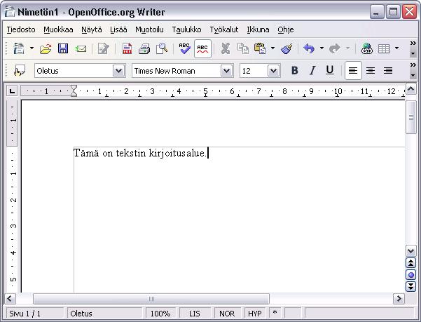 - 93 3. TEKSTINKÄSITTELY - OPENOFFICE WRITER 3.1. Millainen on tekstinkäsittelyn käyttöliittymä? Tekstinkäsittelyn yleisnäkymä on oheisen kuvan mukainen.