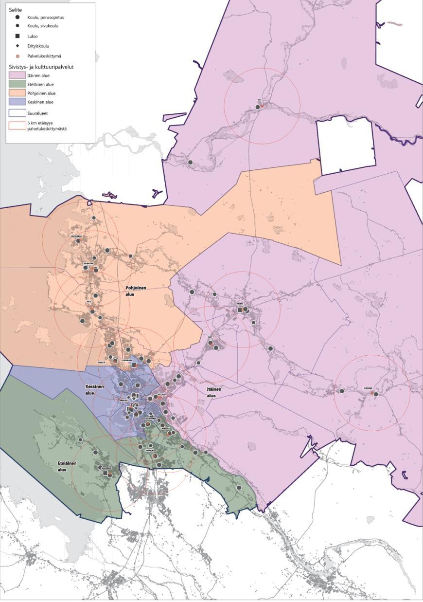 Palvelukeskittymät ja palveluiden saavutettavuus 5 km:n säteellä palvelukeskittymästä Palvelukeskittymittäin tarkasteltuna itäinen ja eteläinen