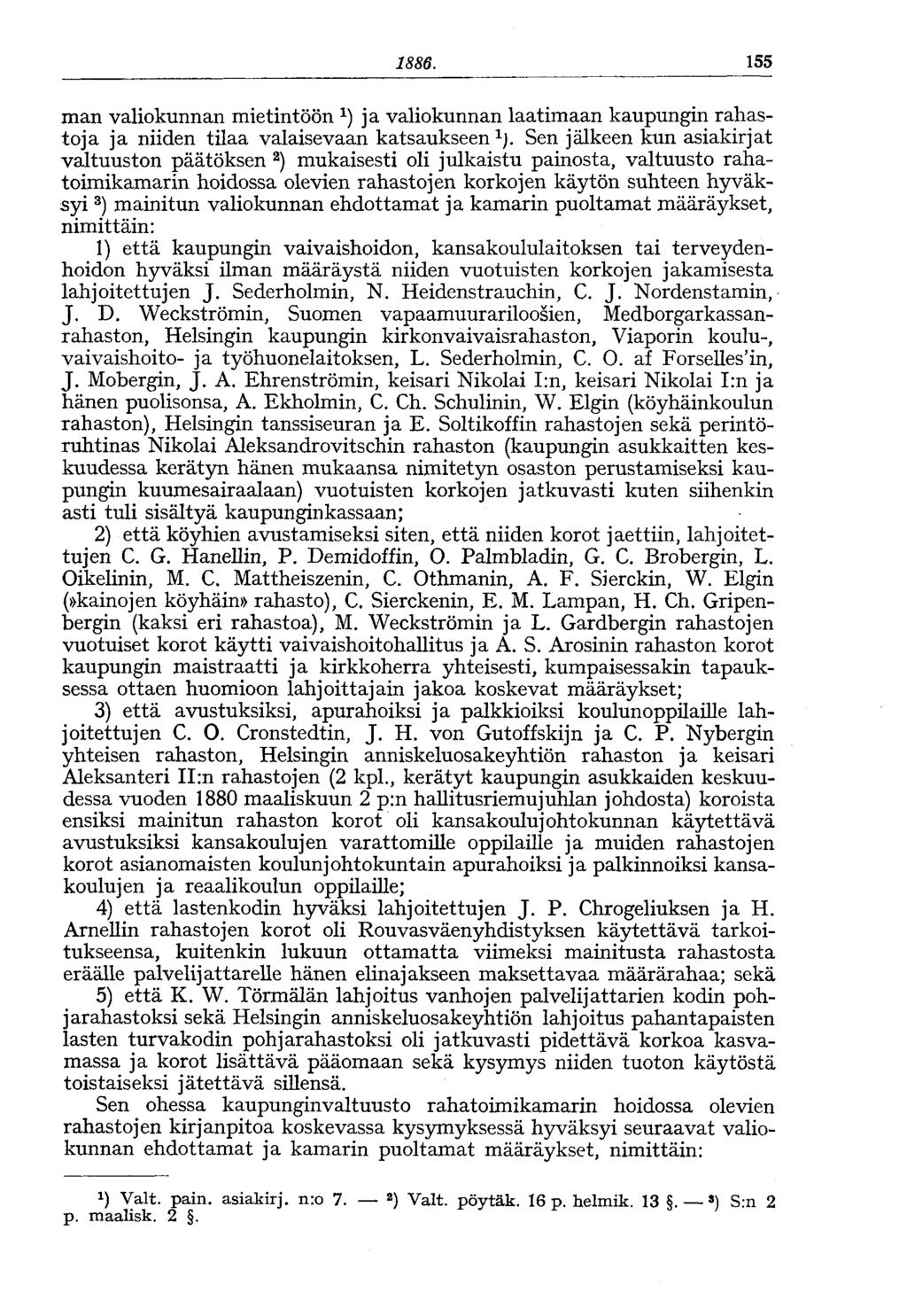 1886. 155 man valiokunnan mietintöön ja valiokunnan laatimaan kaupungin rahastoja ja niiden tilaa valaisevaan katsaukseen 1 ).