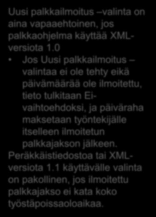 Uusi palkkailmoitus XML-tiedostossa valinnan vaikutus lomakkeen tekstiin Uusi palkkailmoitus valinta on aina vapaaehtoinen, jos palkkaohjelma käyttää XMLversiota 1.