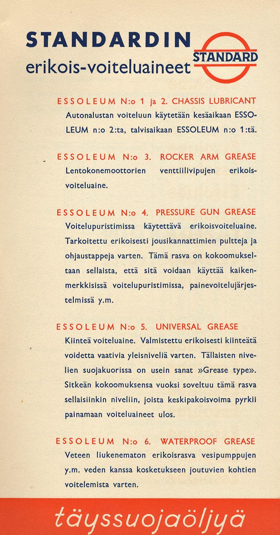 STANDARDIN erikois-voiteluaineet ESSOLEUM N:o 1 ja 2. CHASSIS LUBRICANT Autonalustan voiteluun käytetään kesäaikaan ESSO- LEUM n:o 2:ta, talvisaikaan ESSOLEUM n:o 1 :tä. ESSOLEUM N:o 3.