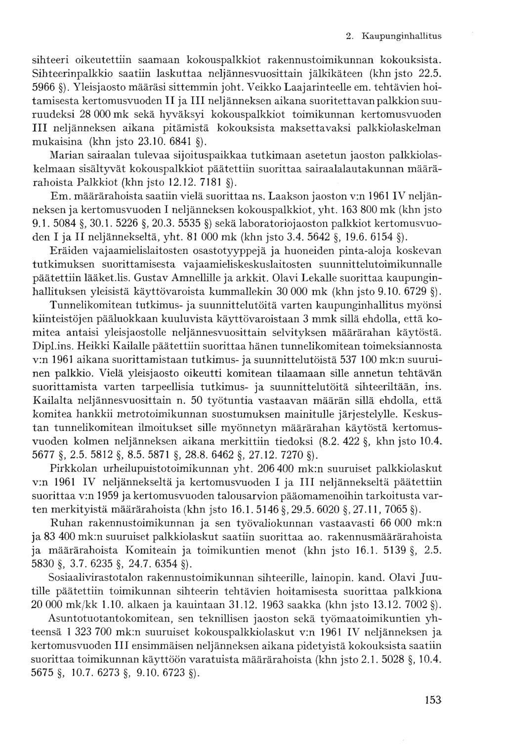sihteeri oikeutettiin saamaan kokouspalkkiot rakennustoimikunnan kokouksista. Sihteerinpalkkio saatiin laskuttaa neljännesvuosittain jälkikäteen (khn jsto 22.5. 5966 ).