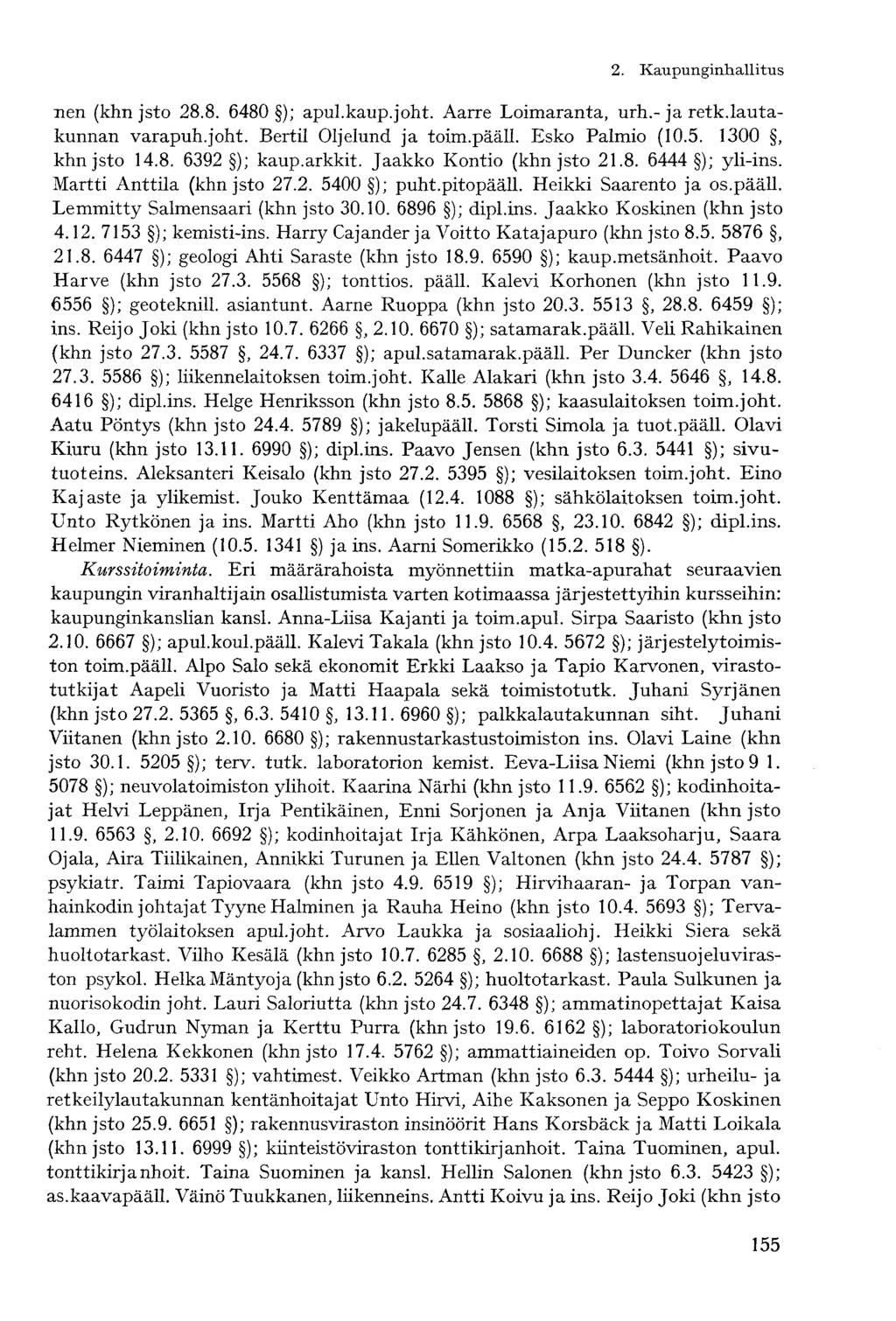 nen (khn jsto 28.8. 6480 ); apul.kaup.joht. Aarre Loimaranta, urh.- ja retk.lautakunnan varapuh.joht. Bertil Oljelund ja toim.pääll. Esko Paimio (10.5. 1300, khn jsto 14.8. 6392 ); kaup.arkkit.