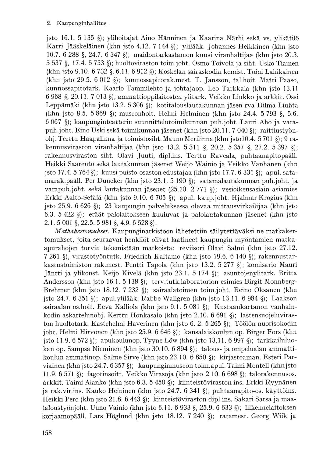 jsto 16.1. 5 135 ); ylihoitajat Aino Hänninen ja Kaarina Närhi sekä vs. ylikätilö Katri Jääskeläinen (khn jsto 4.12. 7 144 ); ylilääk. Johannes Heikkinen (khn jsto 10.7. 6 288, 24.7. 6 347 ); maidontarkastamon kuusi viranhaltijaa (khn jsto 20.