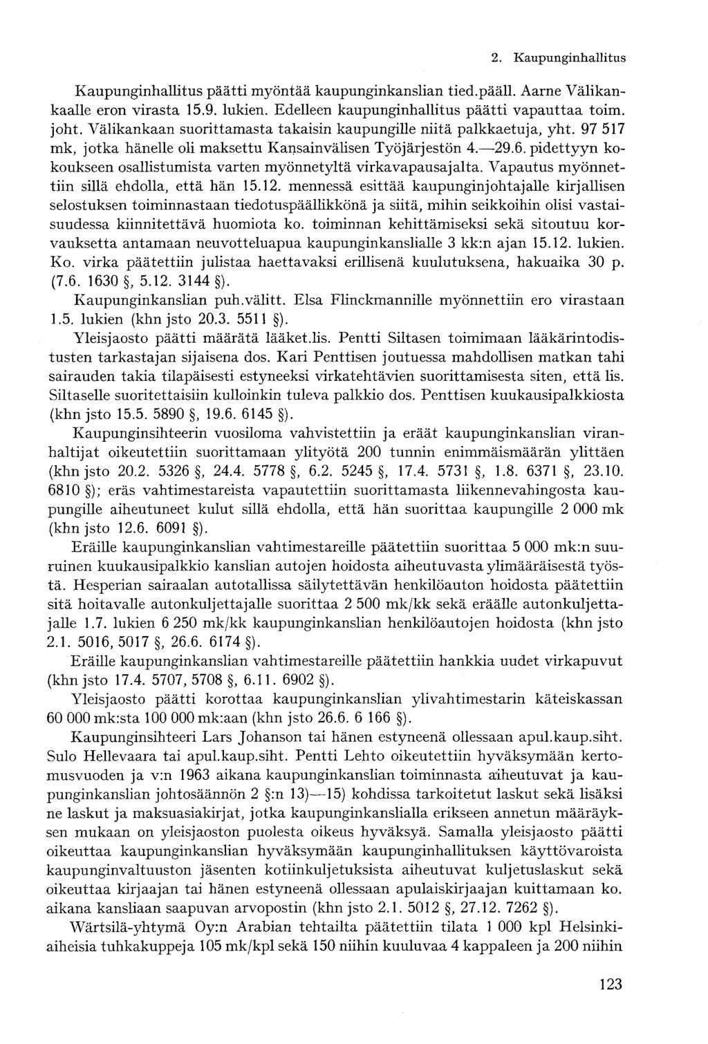 Kaupunginhallitus päätti myöntää kaupunginkanslian tied.pääll. Aarne Välikankaalle eron virasta 15.9. lukien. Edelleen kaupunginhallitus päätti vapauttaa toim. joht.