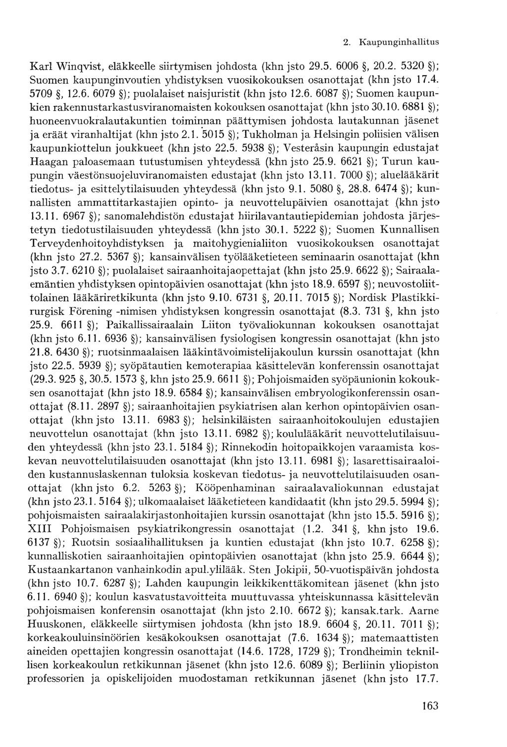 Karl Winqvist, eläkkeelle siirtymisen johdosta (khn jsto 29.5. 6006, 20.2. 5320 ); Suomen kaupunginvoutien yhdistyksen vuosikokouksen osanottajat (khn jsto 17.4. 5709, 12.6. 6079 ); puolalaiset naisjuristit (khn jsto 12.