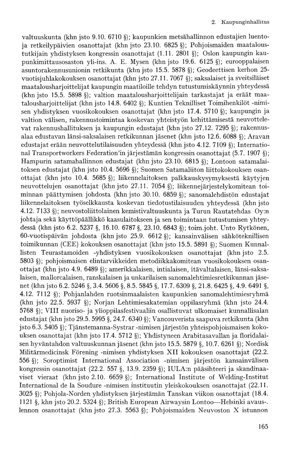 valtuuskunta (khn jsto 9.10. 6710 ); kaupunkien metsähallinnon edustajien luentoja retkeilypäivien osanottajat (khn jsto 23.10. 6825 ); Pohjoismaiden maataloustutkijain yhdistyksen kongressin osanottajat (1.