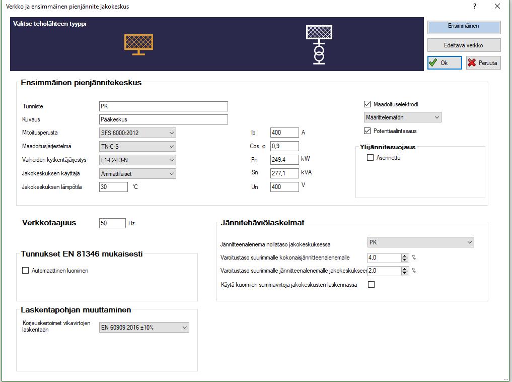 20 Kuva 14. Febdok Ensimmäisen pienjännitekeskuksen määrittely. 5.2.2 Normaaliverkon rakentaminen Lähtötietojen syöttämisen jälkeen ohjelma avautuu suunnittelunäkymään.