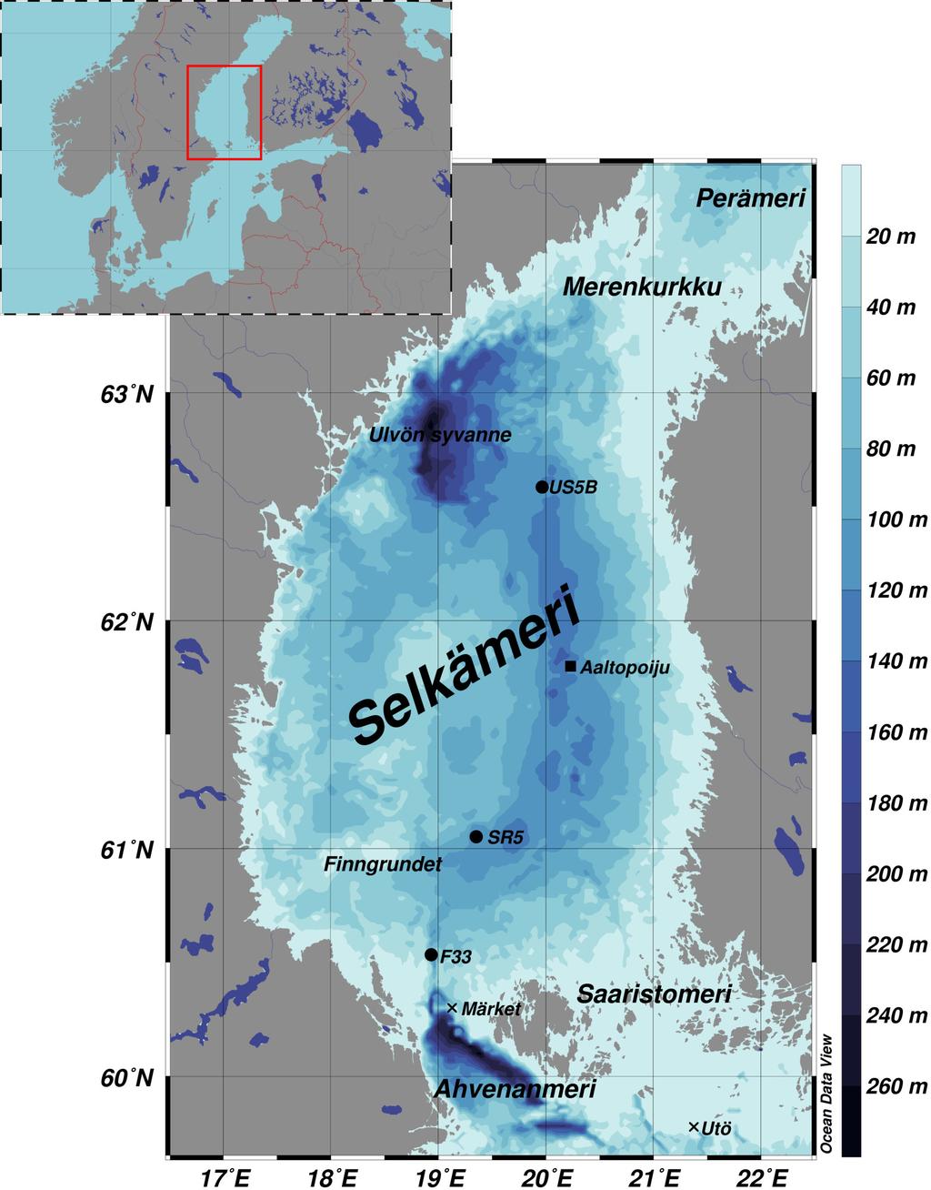 6 LUKU 2. SELKÄMERI Kuva 2.1: Selkämeren topografia ja ympäröivät altaat. Vasemmassa yläkulmassa on kuvattu Selkämeren sijainti Itämerellä.