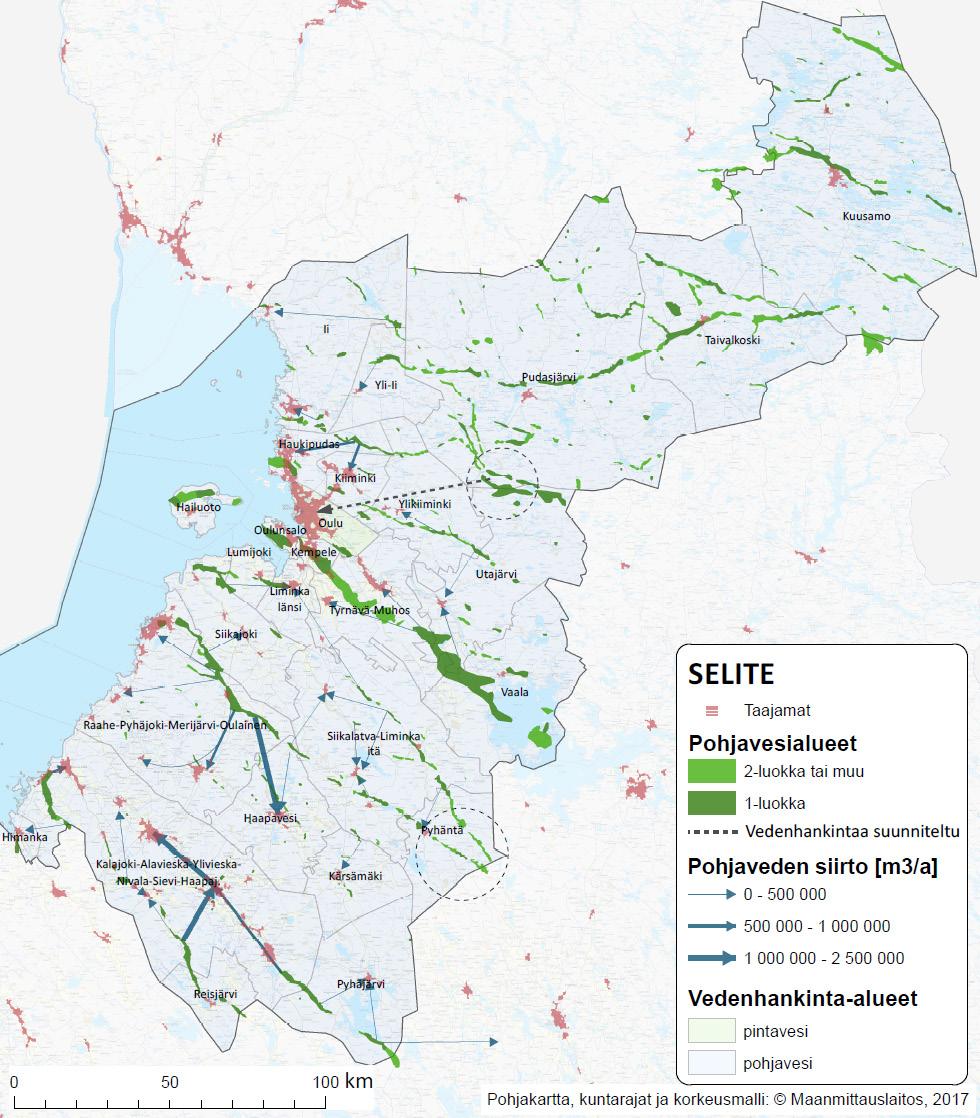 Raakaveden laadun ja määrän puutteiden lisäksi myös luontoarvot ovat paikoin tuoneet haasteita vedenhankintaan. Kuva 3. Pohjois-Pohjanmaan tärkeimmät vedenhankinta-alueet ja veden siirto.