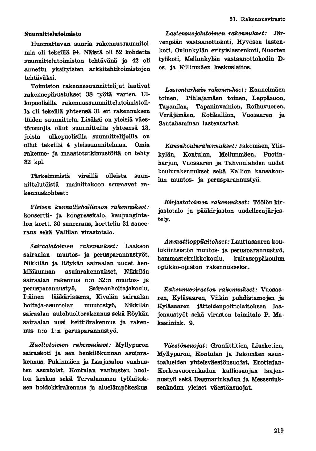 Suunmttelutaimisto Huomattavan suuria rakennussuunnitelmia oli tekeillä 94. Näistä oli 52 kohdetta suunnittelutoimiston tehtävänä ja 42 oli annettu yksityisten arkkitehtitoimistojen tehtäväksi.