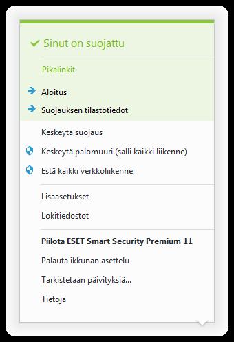 4.7.4 Ohjelmavalikko Osa tärkeimmistä asetuksista ja ominaisuuksista on käytettävissä napsauttamalla hiiren kakkospainikkeella ilmaisinalueen kuvaketta.