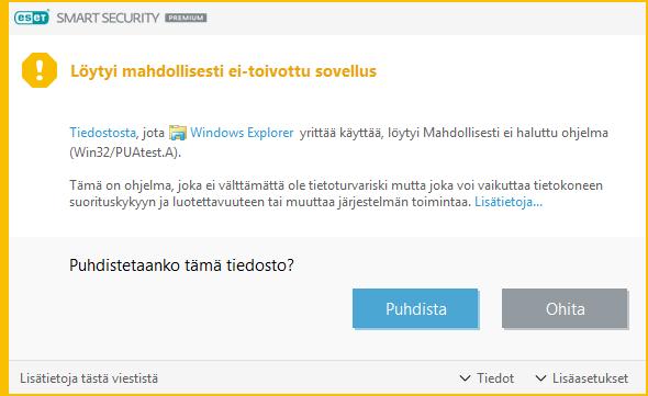 Kun mahdollisesti ei-toivottu sovellus havaitaan eikä sitä voida puhdistaa, näkyviin tulee ilmoitus Osoite on