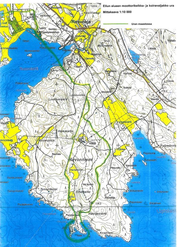 6 Kuva 4: Hakemuksen liitekartta 1 Ellun alueen moottorikelkka- ja koiravaljakkoura.