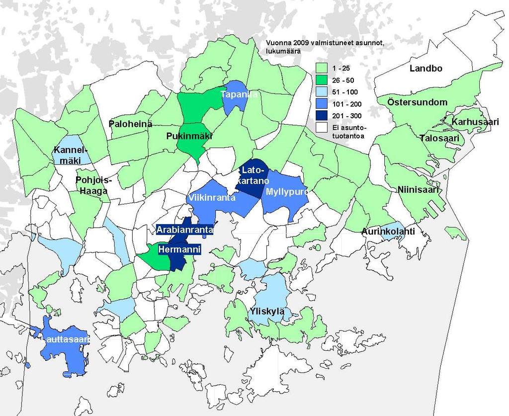 HELSINGIN KAUPUNKI Seurantaraportti 2010 13 Kuva 11. Valmistuneiden asuntojen määrä osa-alueittain Helsingissä vuonna 2009. Lähde: Helsingin kaupungin tietokeskus.