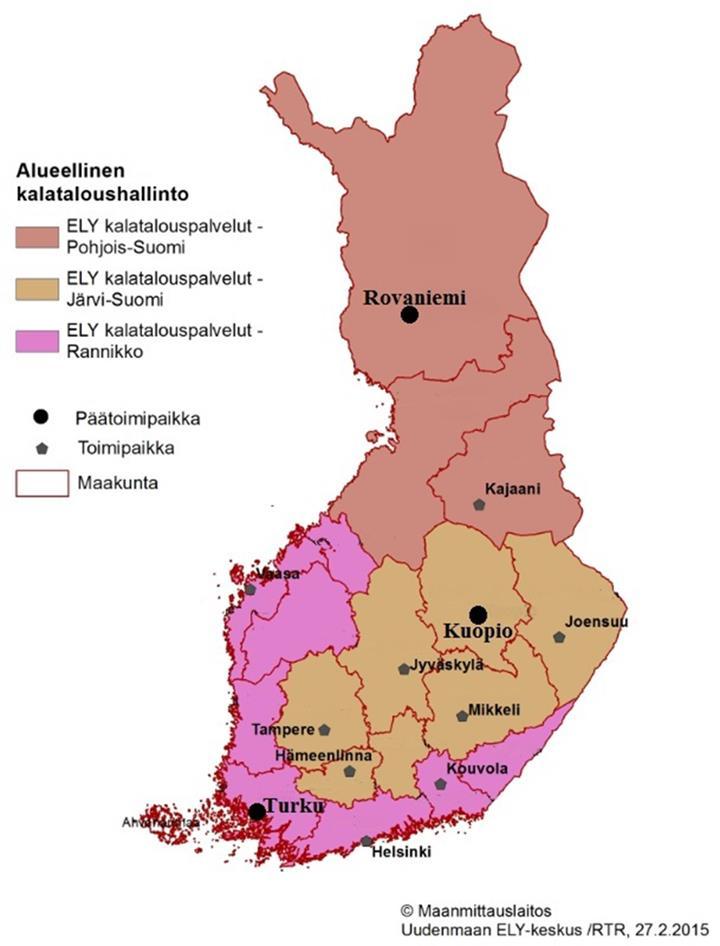 Kalatalouden alueorganisaatio ja henkilöresurssit Alueellisen kalataloushallinnon organisaatio muutettiin vuoden 2015 alusta Hallinnollisten keskuspaikkojen lukumäärä väheni 11:sta kolmeen, mutta