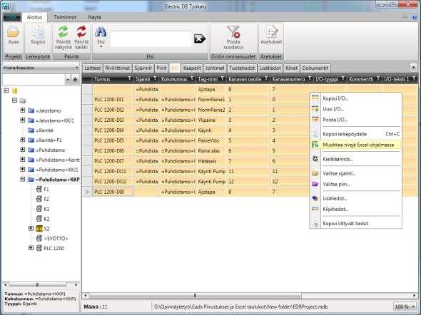 Kuva 9. Electric DB työkalulla I/O-tietojen vienti Excel-ohjelmaan Automaatiosuunnittelun kannalta tärkeimmästä päästä on I/O -toiminto (kuva 10).