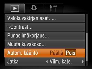 kääntö] ja valitse sitten [Pois] (= ). Stillkuvien muokkaaminen Kuvan muokkaaminen (= 9 ) on käytettävissä vain, jos muistikortissa on riittävästi vapaata tilaa.