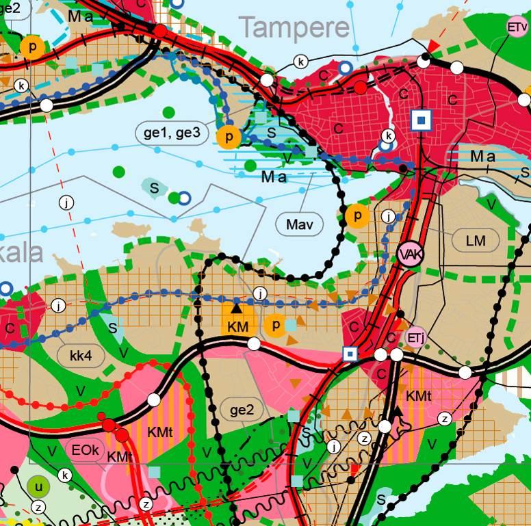 Pirkanmaan maakuntakaavan 2040 ehdotuksessa (maakuntavaltuusto hyv. 27.3.2017) suunnittelualue on osoitettu taajamatoimintojen (A) ja keskustatoimintojen (C) alueiksi.