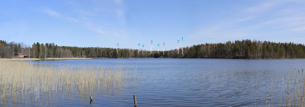 Kuvauspaikka 3. Myllykylänjärvi. Etäisyyttä lähimpään tuulivoimalaan 3,4 km. Koostettu panorama, kuvattu mm polttovälillä. Fotograferingsplats 3.
