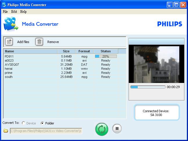4.3 Video 4.3.1 Siirrä videoita tietokoneelta soittimelle Soitin tukee.smv-videoformaatteja. Käytä muiden videoformaattien siirtämiseen CD-levyllä olevaa Media Converter -ohjelmaa. 4.3.2 Mediamuuntaja Philips Media Converter muuntaa videoleikkeet ja JPEG-kuvat soittimeen soveltuviin formaatteihin.