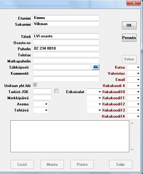 Sivu 2 Sisältöasetuksissa voidaan määrittää Unifauniin lähetettäväksi erikseen merkattu yhteyshenkilö ja yhteyshenkilön puhelinnumero, kun Tisma CRM -laajennus on käytössä.