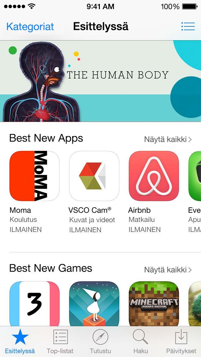 Katso ostoksia ja päivityksiä. Selaa Tutustu ohjelmiin kategorian ja suosion mukaan. Huomaa: App Storen käyttöön tarvitaan internet-yhteys ja Apple ID. App Store ei ole saatavilla kaikilla alueilla.