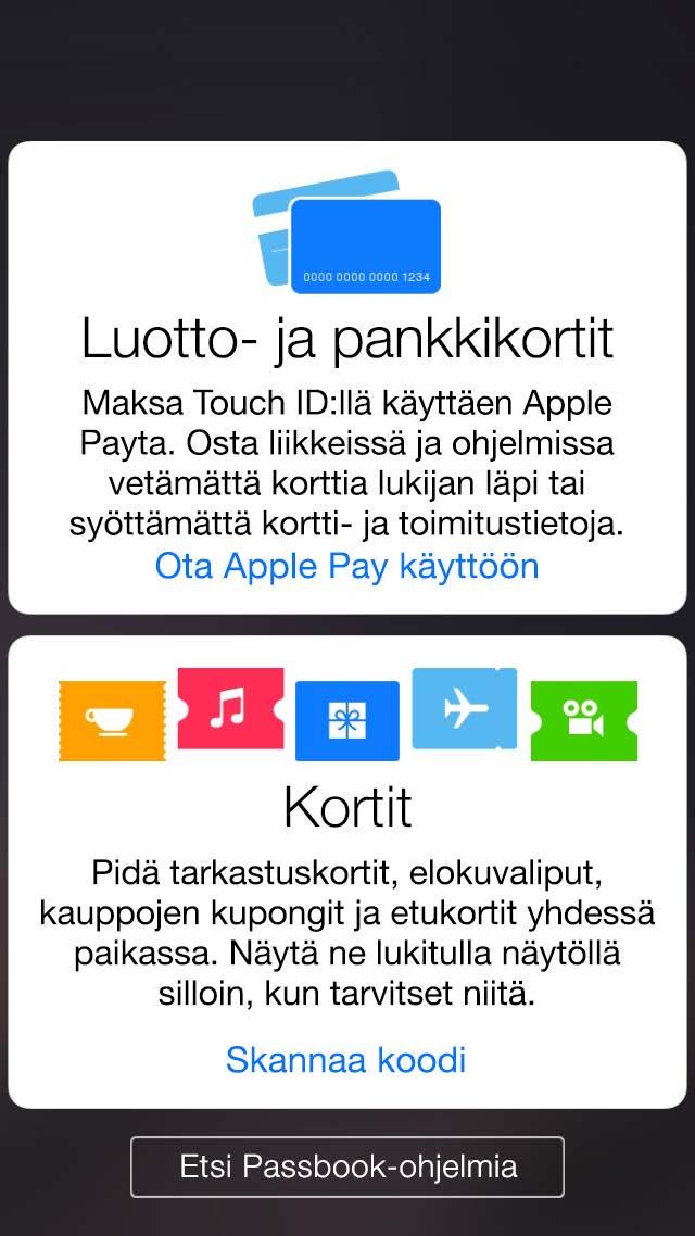 Luotto- tai pankkikortin lisääminen: Vedä korttipinoa alaspäin, napauta, ja napauta sitten vaihtoehtoa, jolla Apple Pay otetaan käyttöön (tai Lisää toinen kortti, jos olet jo lisännyt maksukortin).