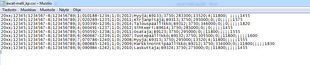 5(7) 1.5. CSV-TIEDOSTON NÄKYMÄ TEKSTIEDITORISSA Tiedostoa voidaan tarkastella avaamalla se yleisimmillä tekstieditoreilla, esimerkiksi Windowsin Muistiolla (Notepad).