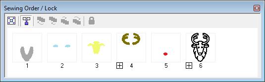 Napsauta -painiketta tai valitse Sew (Ompele) ja Sewing Order/Lok (Ompelujärjestys/lukitus). 1. Valitse kuvio Sewing Order/Lok (Ompelujärjestys/lukitus) -ikkunasta.